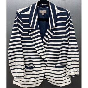 Clinton Kelly Blazer Jacket L Blue White Stripe Stretch Pockets Coastal Nautical